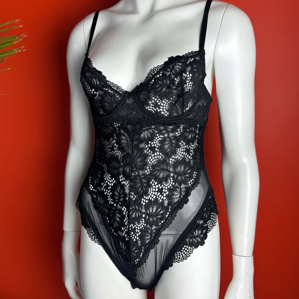 Black lace bodysuit with floral detail, mesh sides, and lace lingerie date night